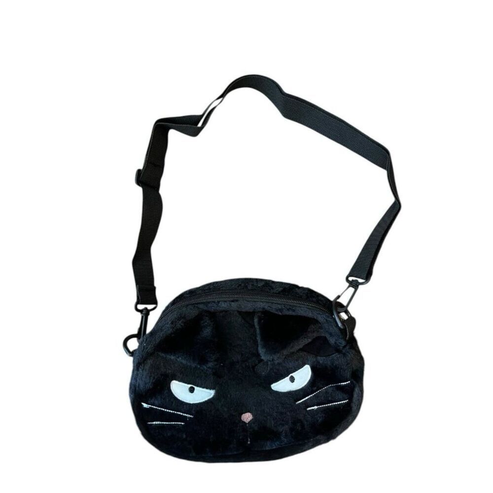 Small Plush Black Cat Shoulder Bag Cute Kitten Kitty Purse Removable Strap New